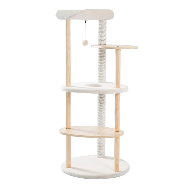 Modern Cat Tree Tower Furniture Wooden with Scratching Post Multi-level Jumping Platform with Condo and Comfortable Perch Beige