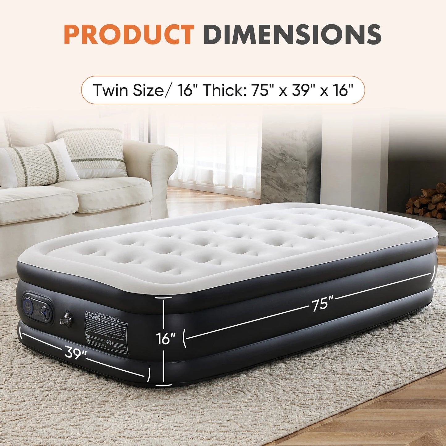 MCQ 16IN Air Mattress with Built in Pump Double Height Air Bed Weight Capacity 660 lbs Non-Slip Bottom Home Bedroom Furniture