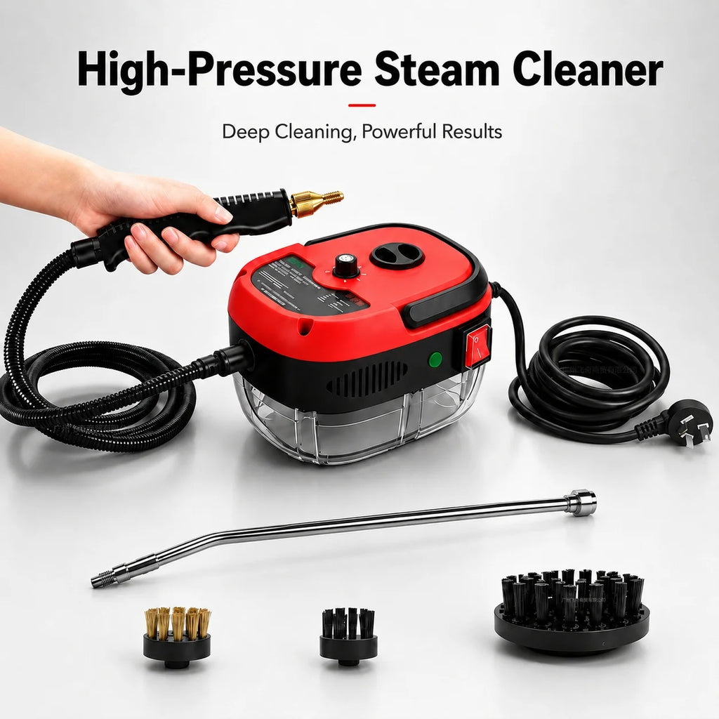 001 Small and Portable High-Pressure Red White Steam Cleaner With Brush Heads Handheld Sanitizing 6-Speed Settings Extended Hose Large Capacity Removes Grease Dust Mites for Air Conditioners Range Hoods Floors Bathrooms Cookw