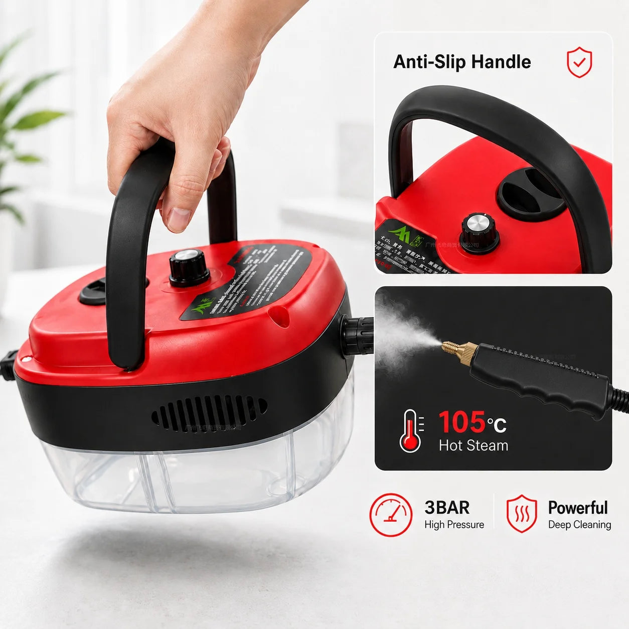 001 Small and Portable High-Pressure Red White Steam Cleaner With Brush Heads Handheld Sanitizing 6-Speed Settings Extended Hose Large Capacity Removes Grease Dust Mites for Air Conditioners Range Hoods Floors Bathrooms Cookw