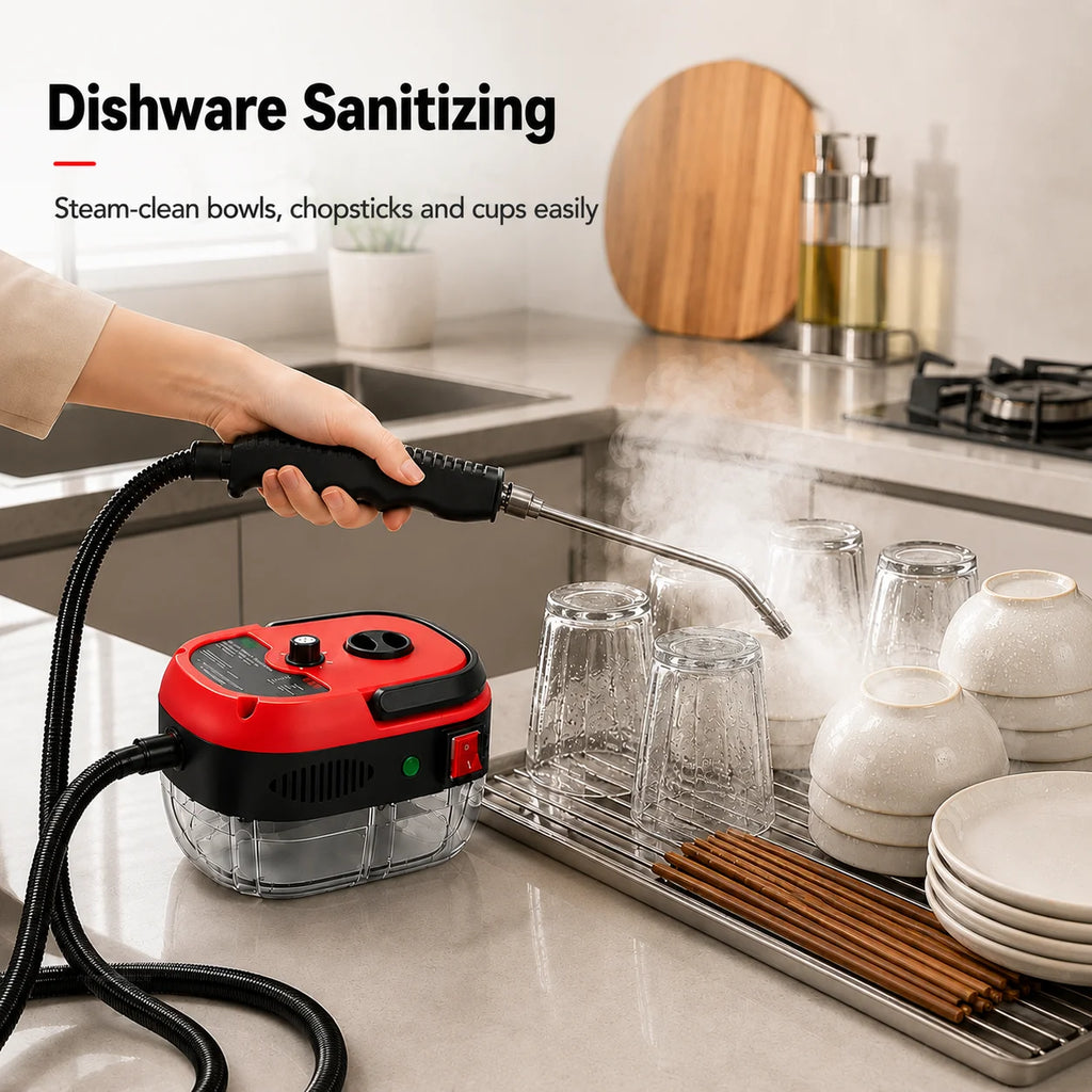 001 Small and Portable High-Pressure Red White Steam Cleaner With Brush Heads Handheld Sanitizing 6-Speed Settings Extended Hose Large Capacity Removes Grease Dust Mites for Air Conditioners Range Hoods Floors Bathrooms Cookw