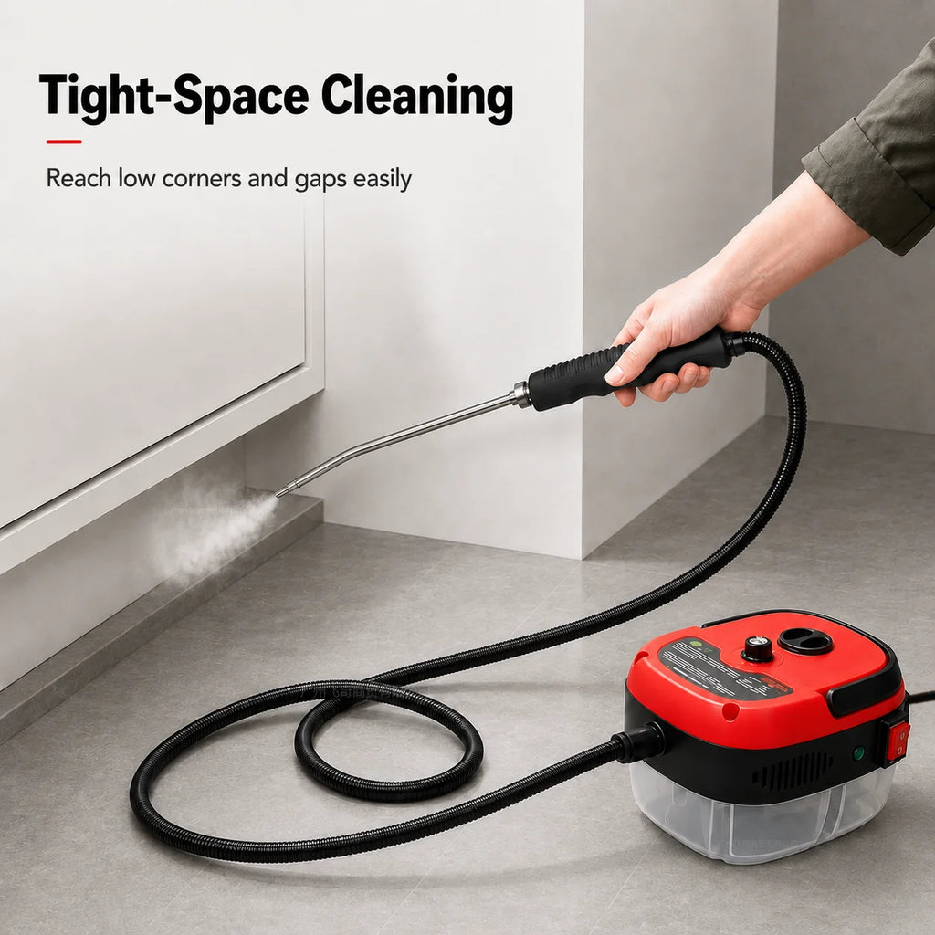 001 Small and Portable High-Pressure Red White Steam Cleaner With Brush Heads Handheld Sanitizing 6-Speed Settings Extended Hose Large Capacity Removes Grease Dust Mites for Air Conditioners Range Hoods Floors Bathrooms Cookw