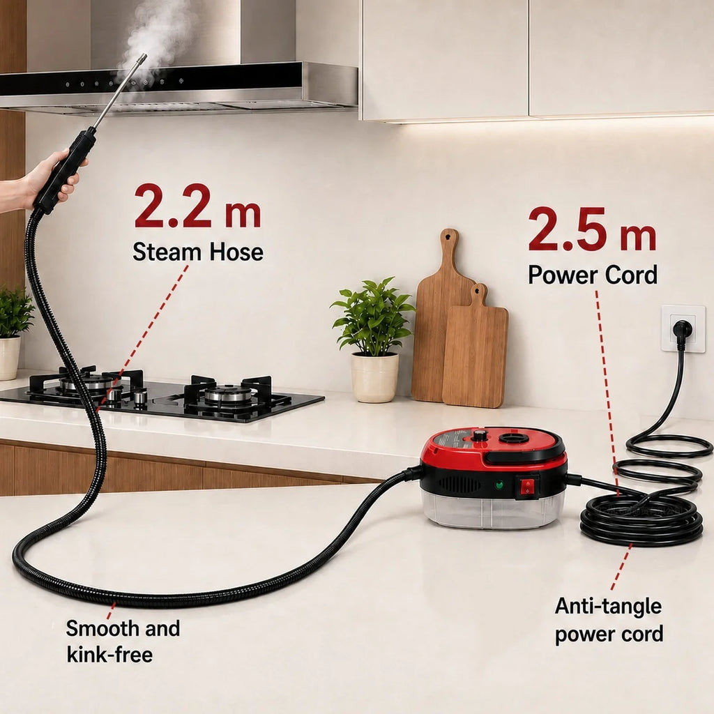 001 Small and Portable High-Pressure Red White Steam Cleaner With Brush Heads Handheld Sanitizing 6-Speed Settings Extended Hose Large Capacity Removes Grease Dust Mites for Air Conditioners Range Hoods Floors Bathrooms Cookw