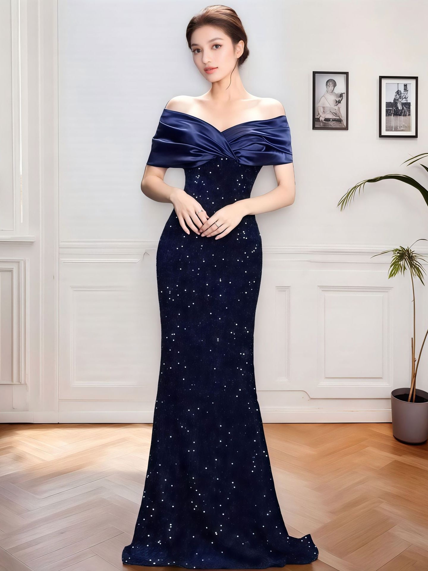 European and American Cross-border off-shoulder Evening Dress New Slim-fit Fishtail Sexy Elegant Sequin Party Dress dress