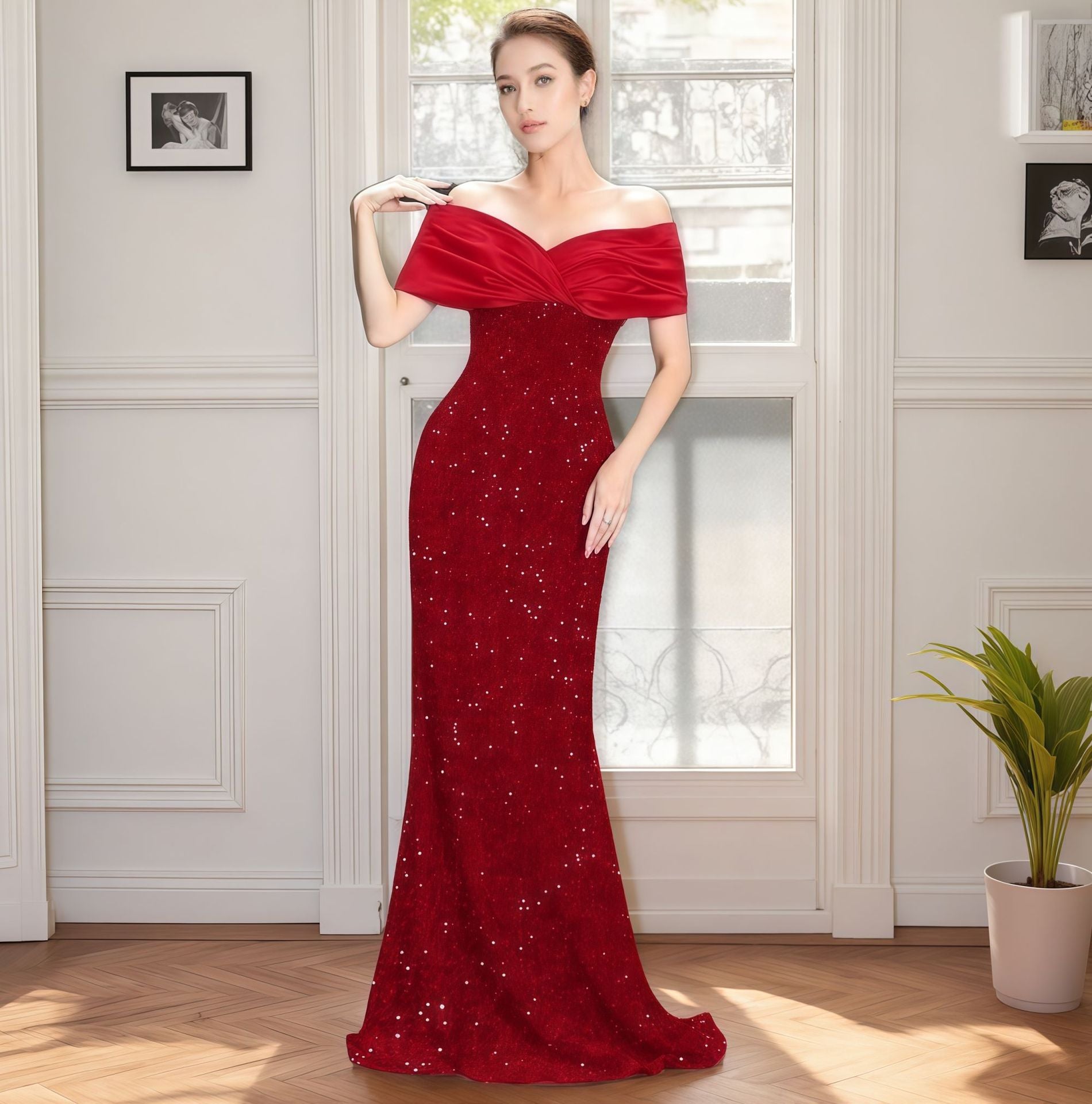 European and American Cross-border off-shoulder Evening Dress New Slim-fit Fishtail Sexy Elegant Sequin Party Dress dress
