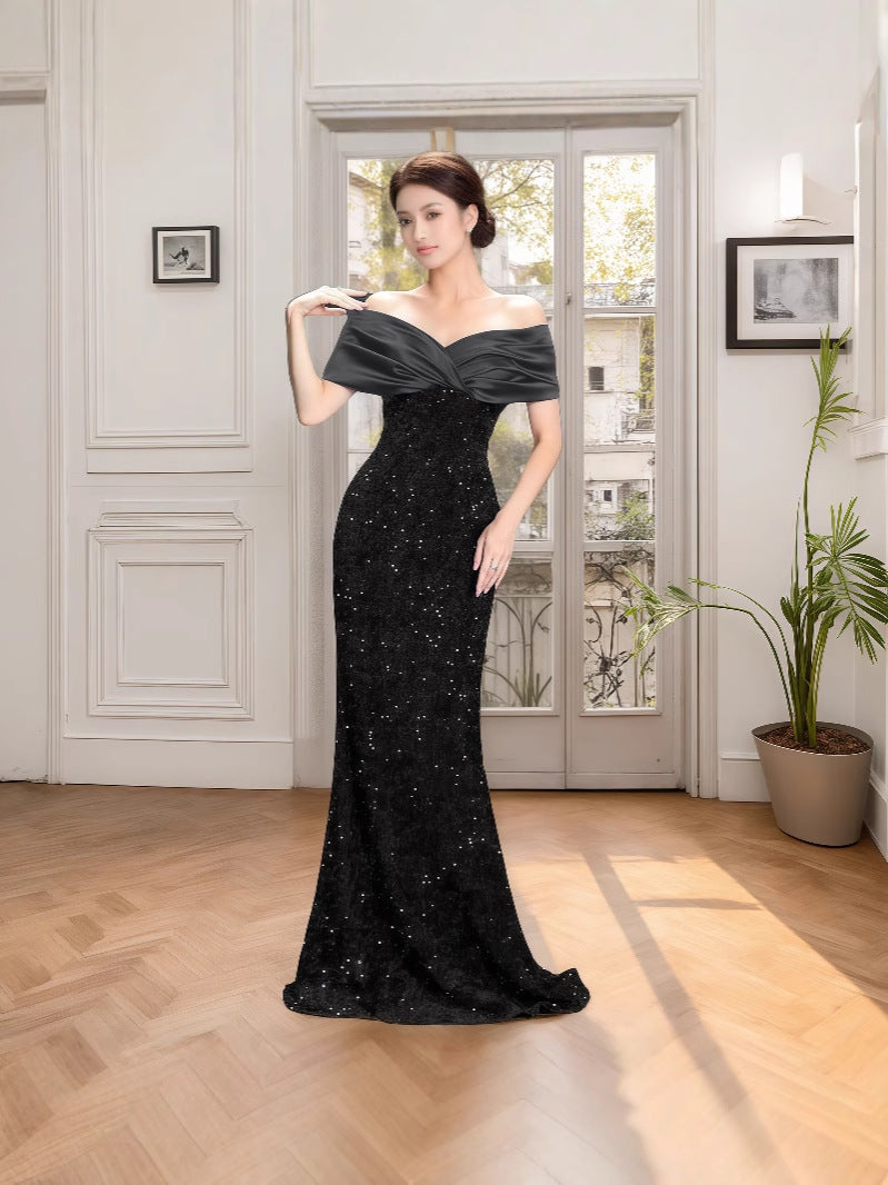 European and American Cross-border off-shoulder Evening Dress New Slim-fit Fishtail Sexy Elegant Sequin Party Dress dress