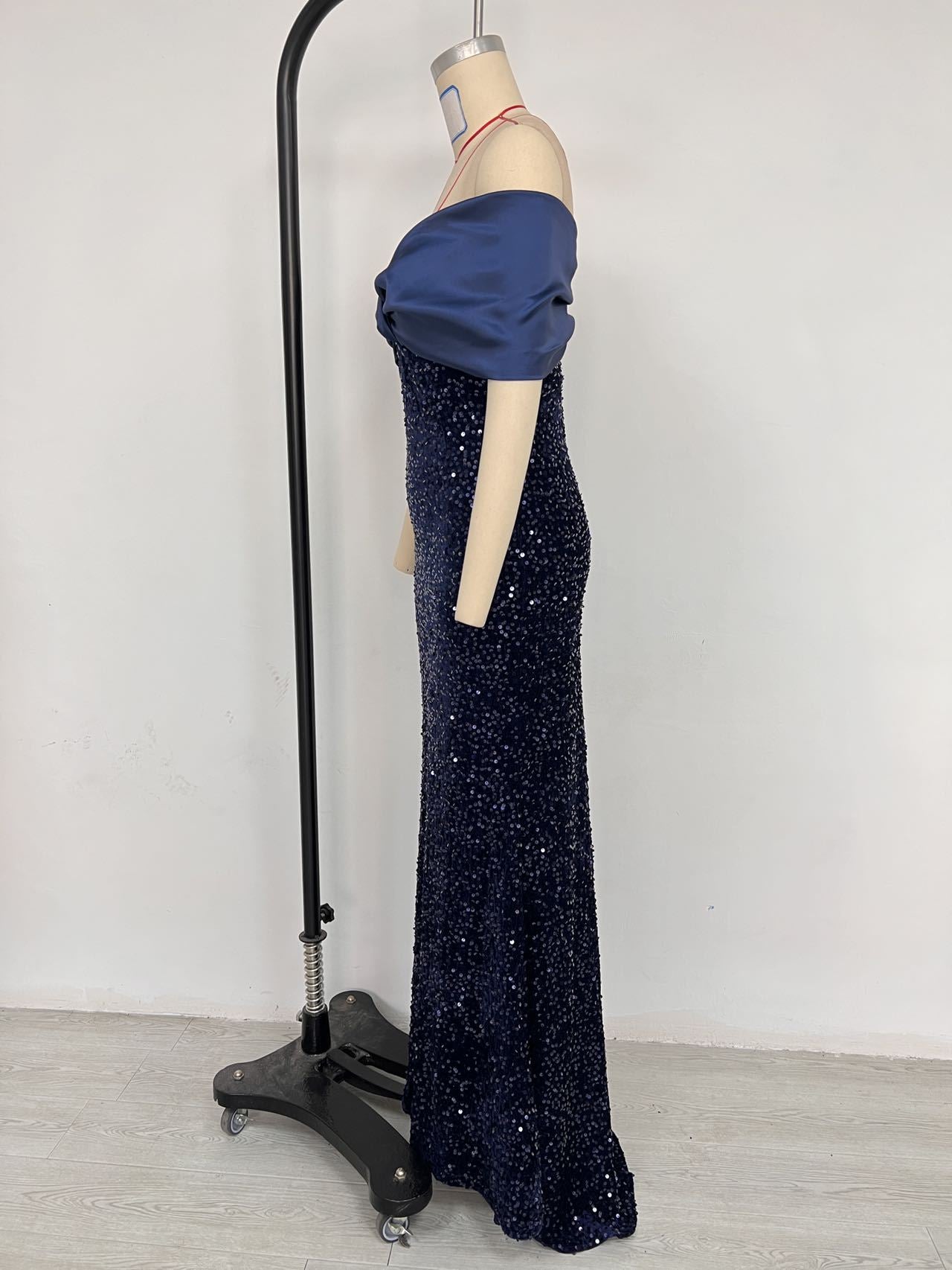 European and American Cross-border off-shoulder Evening Dress New Slim-fit Fishtail Sexy Elegant Sequin Party Dress dress
