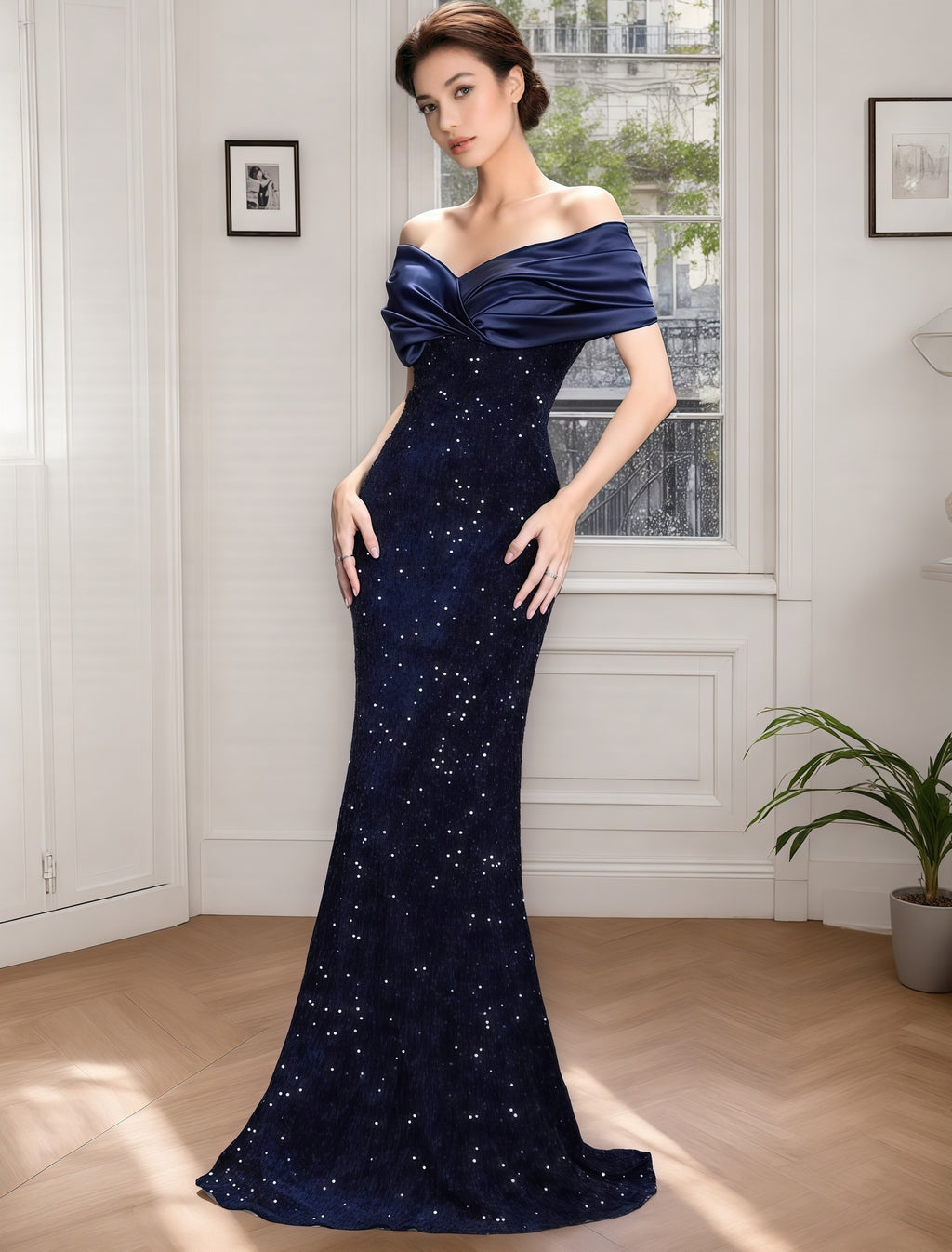 European and American Cross-border off-shoulder Evening Dress New Slim-fit Fishtail Sexy Elegant Sequin Party Dress dress