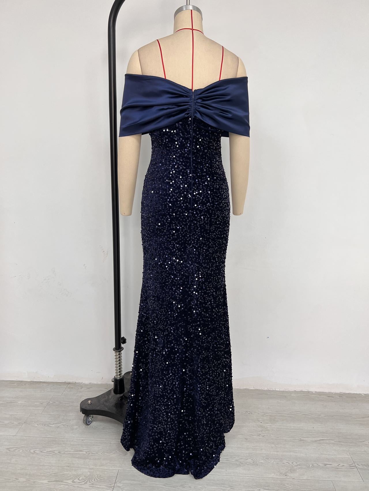European and American Cross-border off-shoulder Evening Dress New Slim-fit Fishtail Sexy Elegant Sequin Party Dress dress