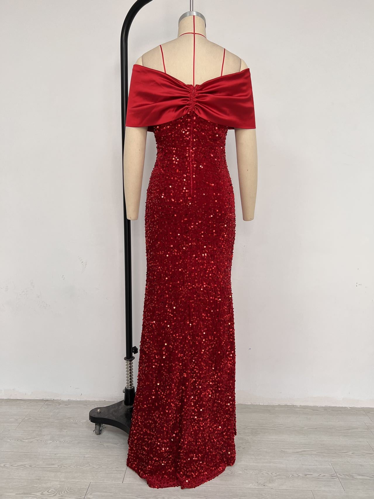 European and American Cross-border off-shoulder Evening Dress New Slim-fit Fishtail Sexy Elegant Sequin Party Dress dress