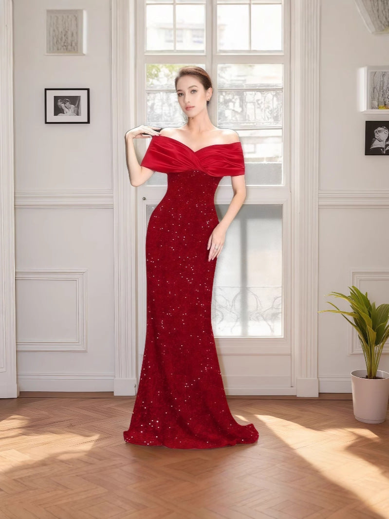 European and American Cross-border off-shoulder Evening Dress New Slim-fit Fishtail Sexy Elegant Sequin Party Dress dress