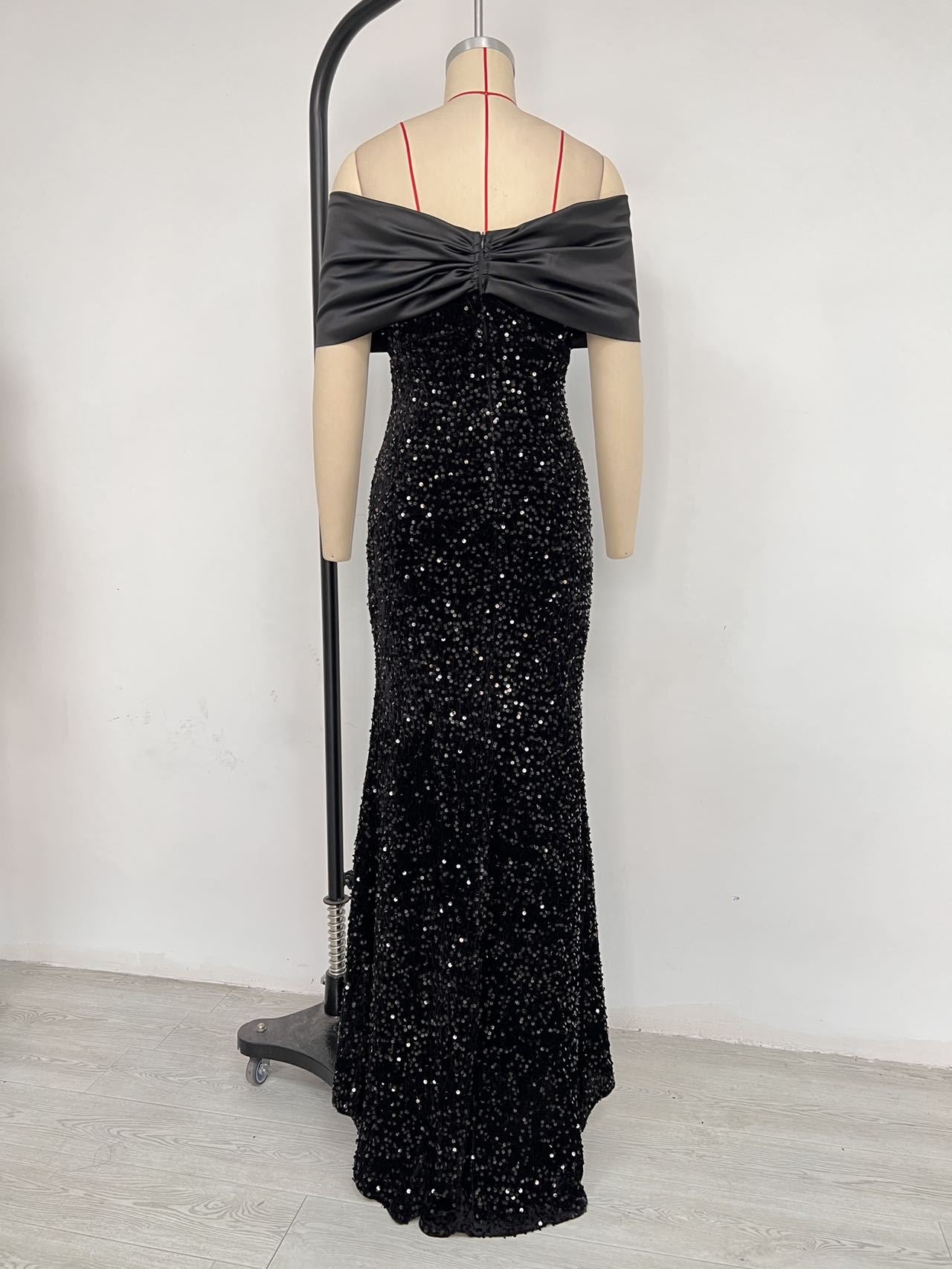 European and American Cross-border off-shoulder Evening Dress New Slim-fit Fishtail Sexy Elegant Sequin Party Dress dress