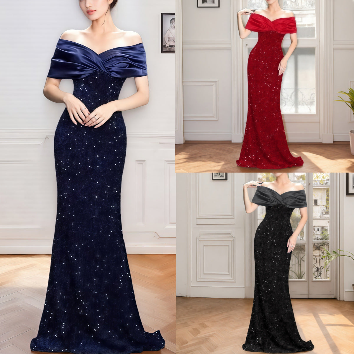 European and American Cross-border off-shoulder Evening Dress New Slim-fit Fishtail Sexy Elegant Sequin Party Dress dress