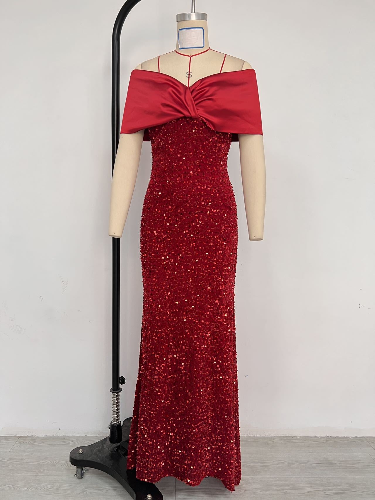 European and American Cross-border off-shoulder Evening Dress New Slim-fit Fishtail Sexy Elegant Sequin Party Dress dress