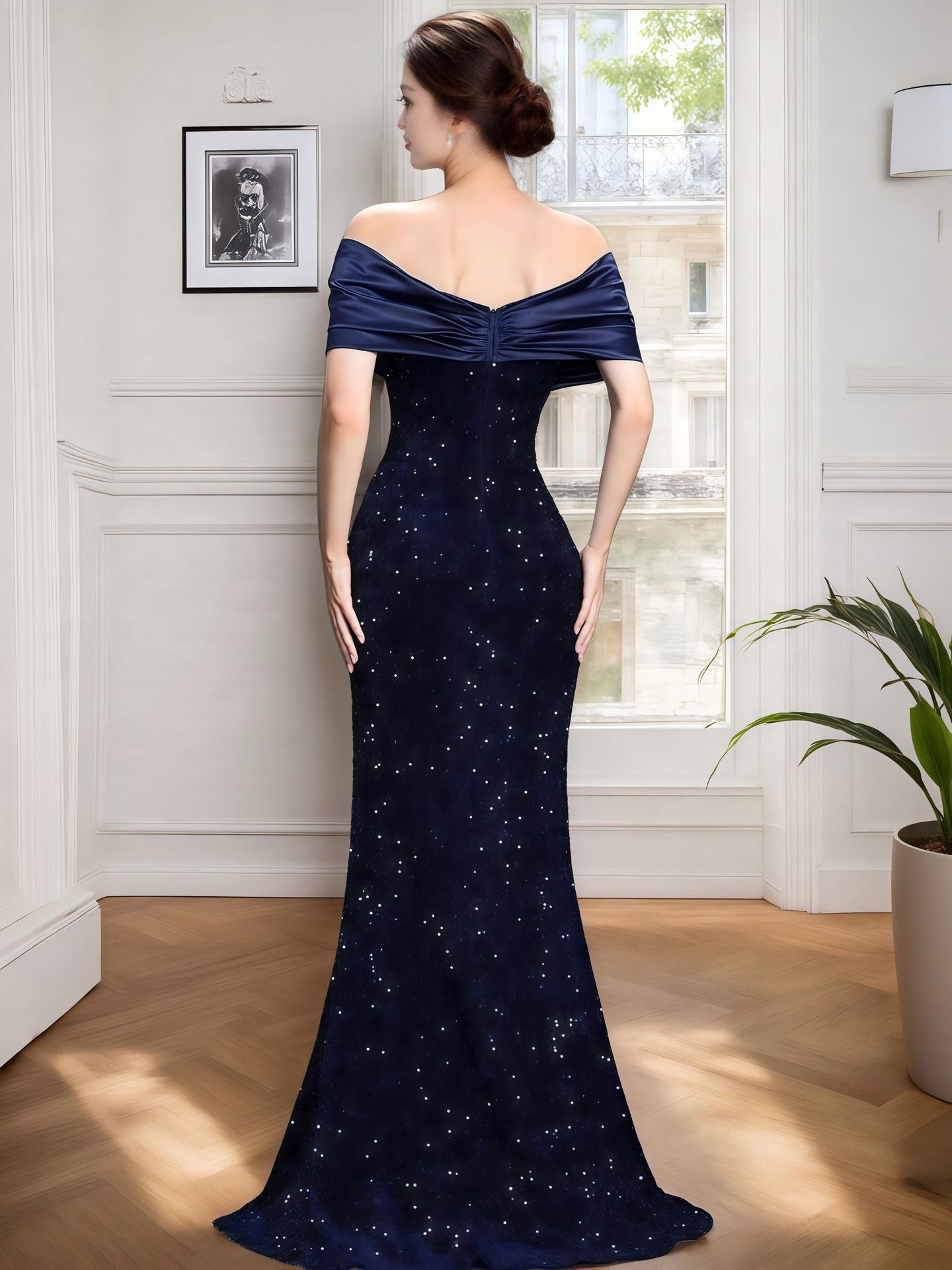 European and American Cross-border off-shoulder Evening Dress New Slim-fit Fishtail Sexy Elegant Sequin Party Dress dress