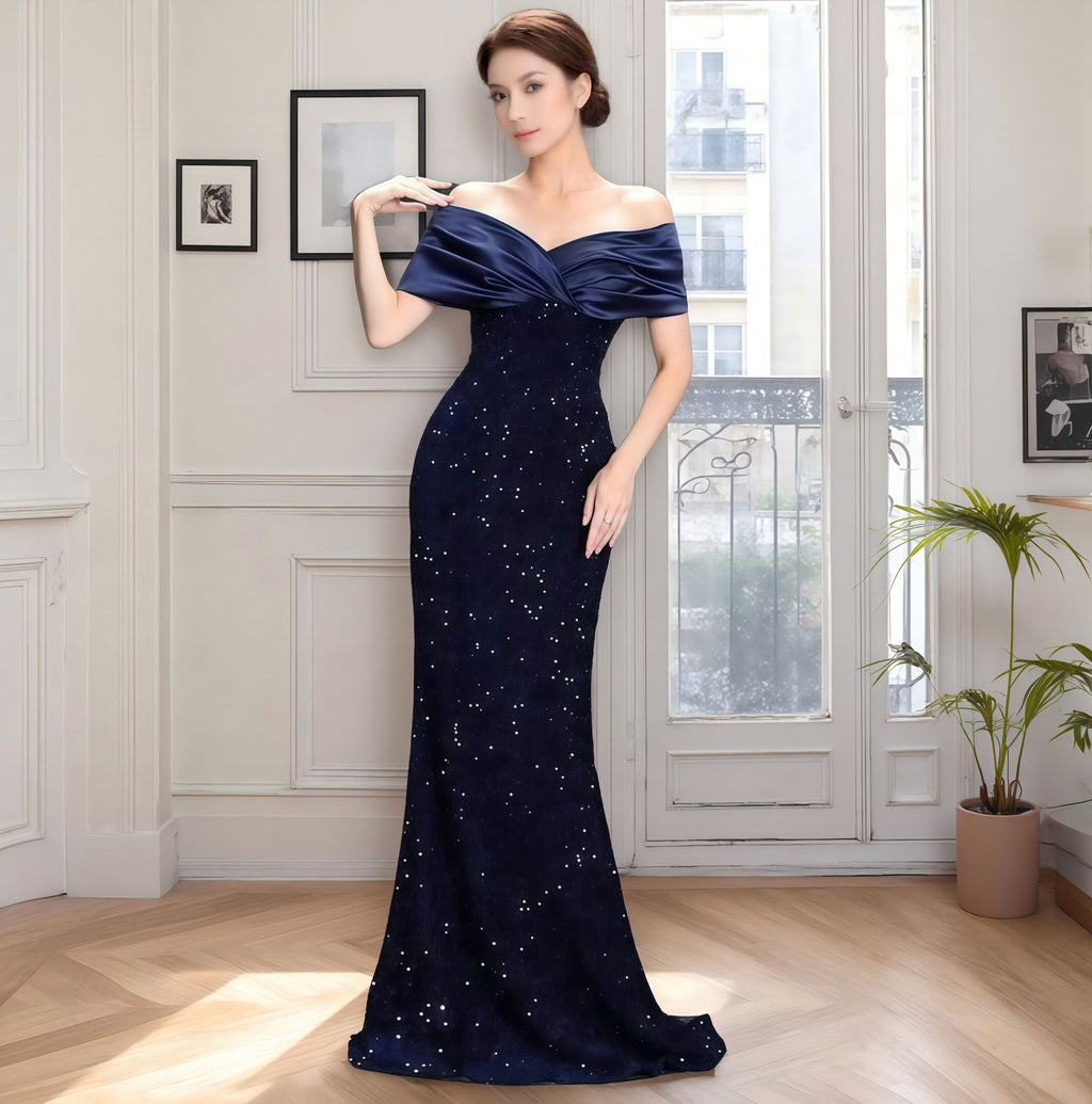 European and American Cross-border off-shoulder Evening Dress New Slim-fit Fishtail Sexy Elegant Sequin Party Dress dress
