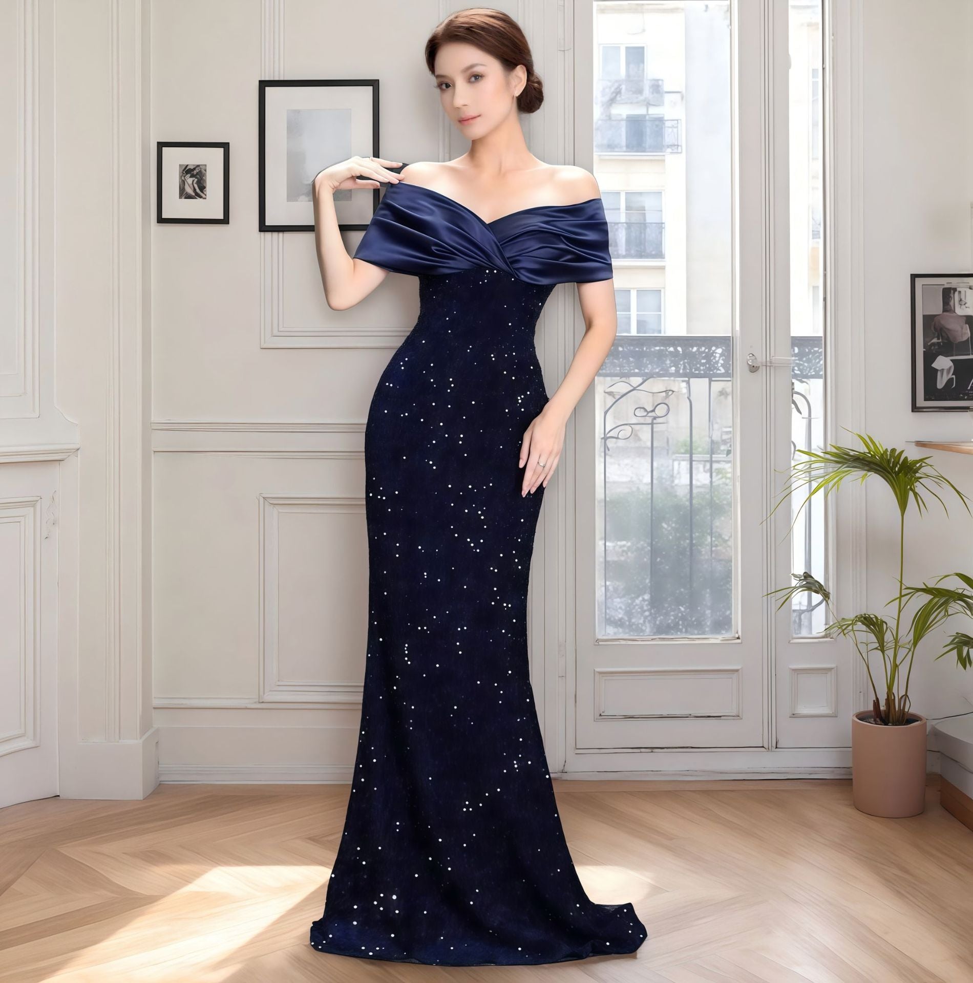 European and American Cross-border off-shoulder Evening Dress New Slim-fit Fishtail Sexy Elegant Sequin Party Dress dress