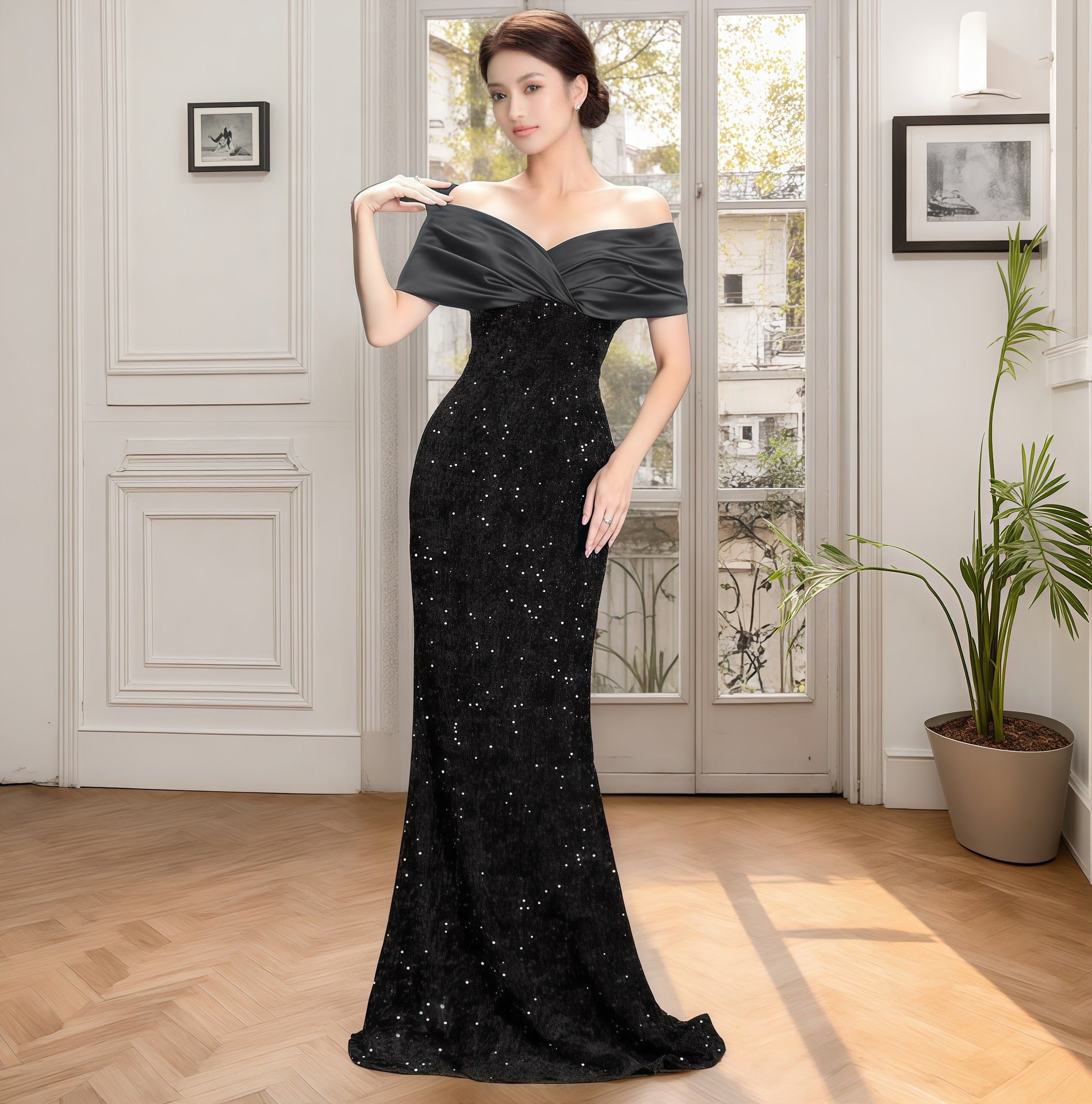 European and American Cross-border off-shoulder Evening Dress New Slim-fit Fishtail Sexy Elegant Sequin Party Dress dress