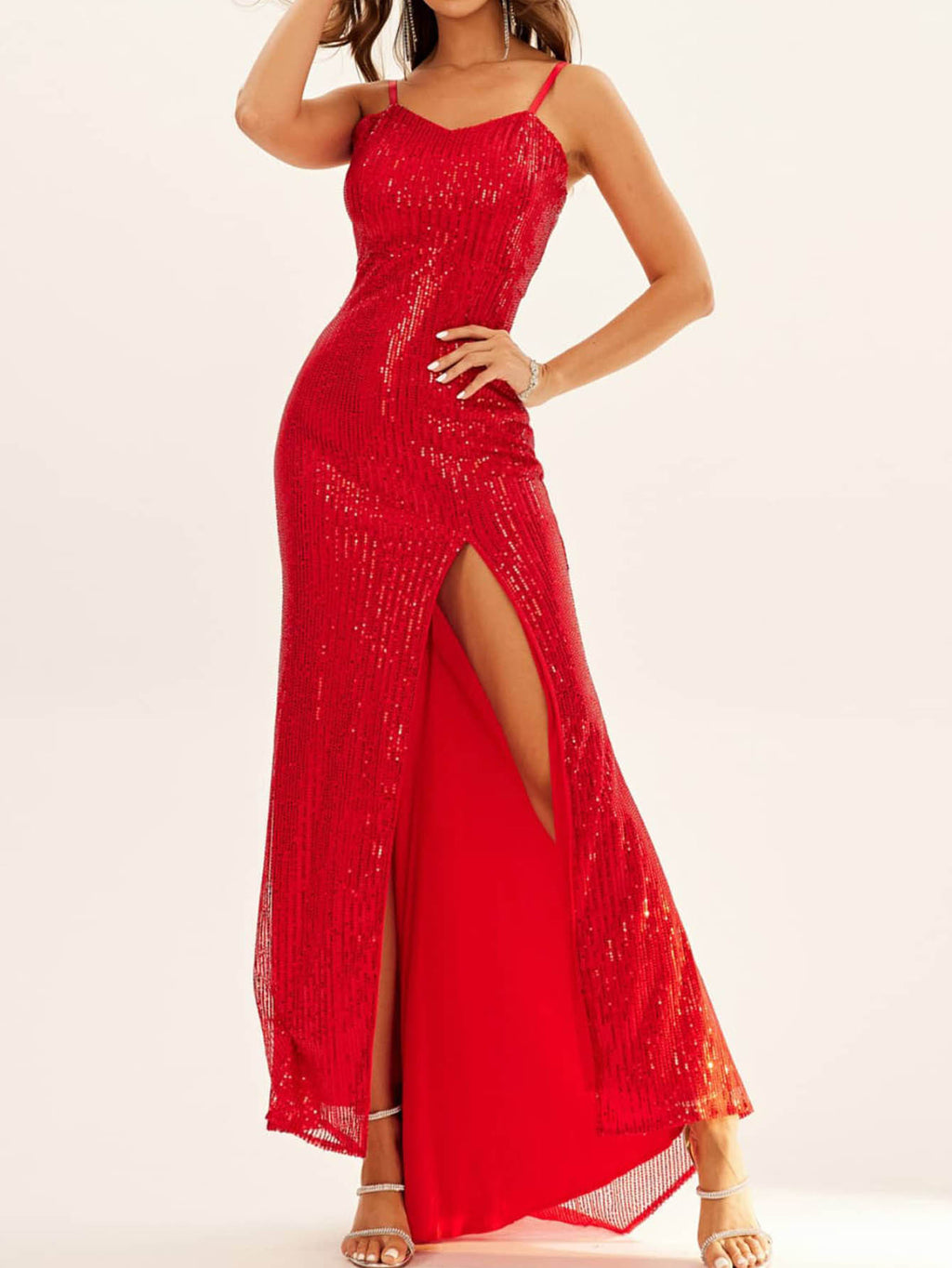 Women's Suspender Dress, Mermaid Slim Fit Sequin Evening Dress, Backless Formal Dress, Spring New Style with Side Slits
