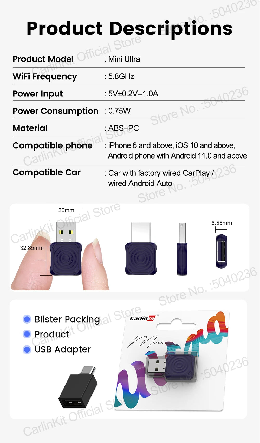 CarlinKit 5.0 Mini Ultra / Pro Wireless CarPlay & Android Auto Adapter For OEM Cars Upgrade WiFi BLE Wireless Auto-connect Phone