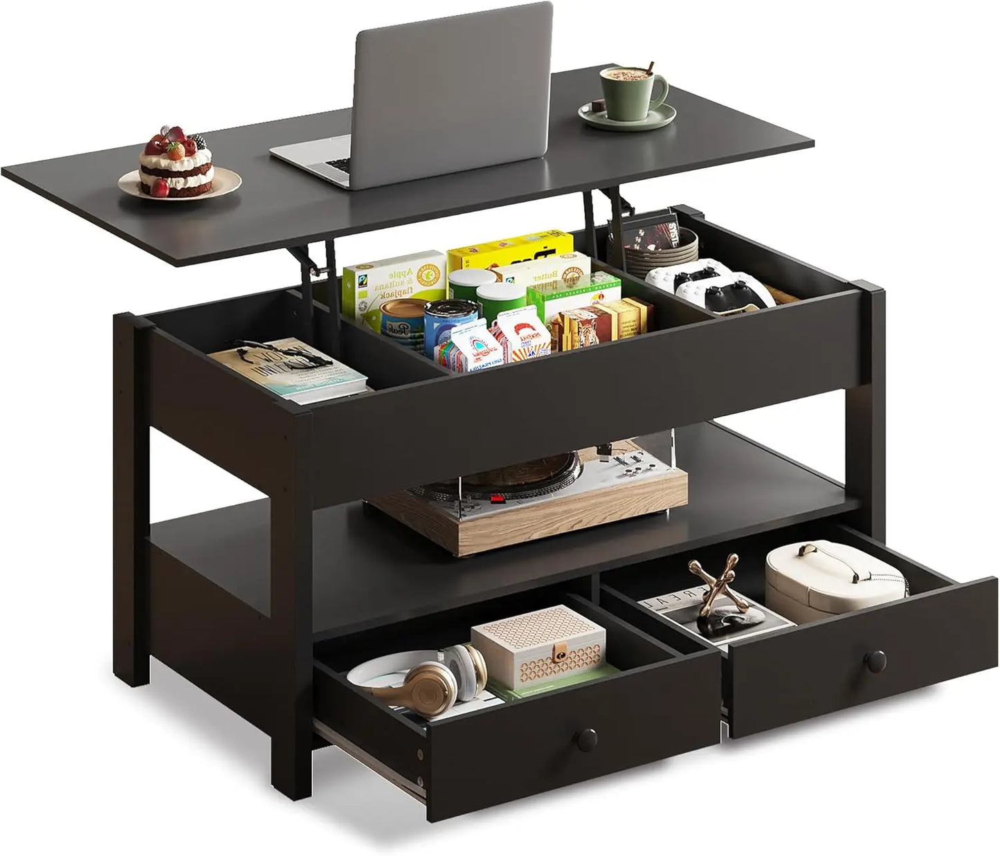 WLIVE Black Lift Top Coffee Table with 2 Drawers LED Light - Large Storage Open Shelf for Living Room Modern Home Furniture