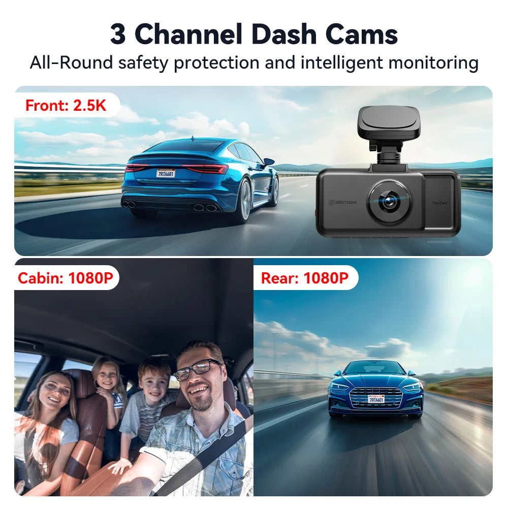 REDTIGER A6 3 Cameras Front/Cabin/Rear Cam 4K Dash Cam Built-in 5.8Ghz WiFi GPS Car DVR Night Vision Parking Monitor 3 Cameras