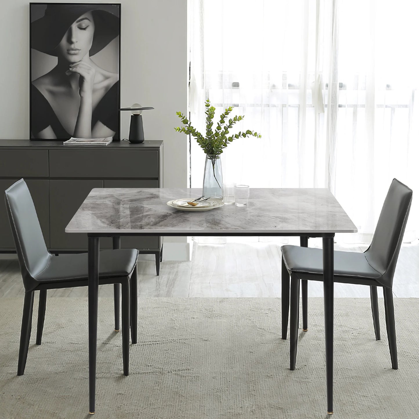 Rectangular Dining Modern Dining Desk Table Furniture with Natural Texture Sintered Stone Top Metal Frame for Dining Room