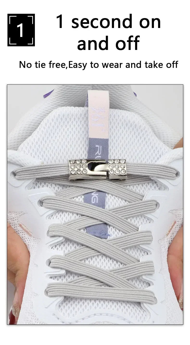 Fashion Elastic No Tie Shoelaces Rhinestone Cross Lock Tieless Shoelace Flat Shoe Laces Suitable for Sneakers and Athletic Shoes