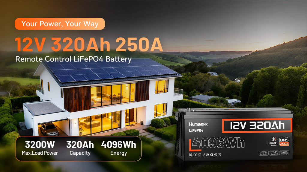 Humsienk 12V 320Ah Rechargeable Lithium Battery, Capacity 4096Wh, Built-in Bluetooth & 250A BMS, 15000+ Deep Cycle & 12V LiFePO4 Battery For RV, Van, Golf Cart, Boat, Camper, Marine, Trolling Motor, Off-Grid, Solar Energy Sto