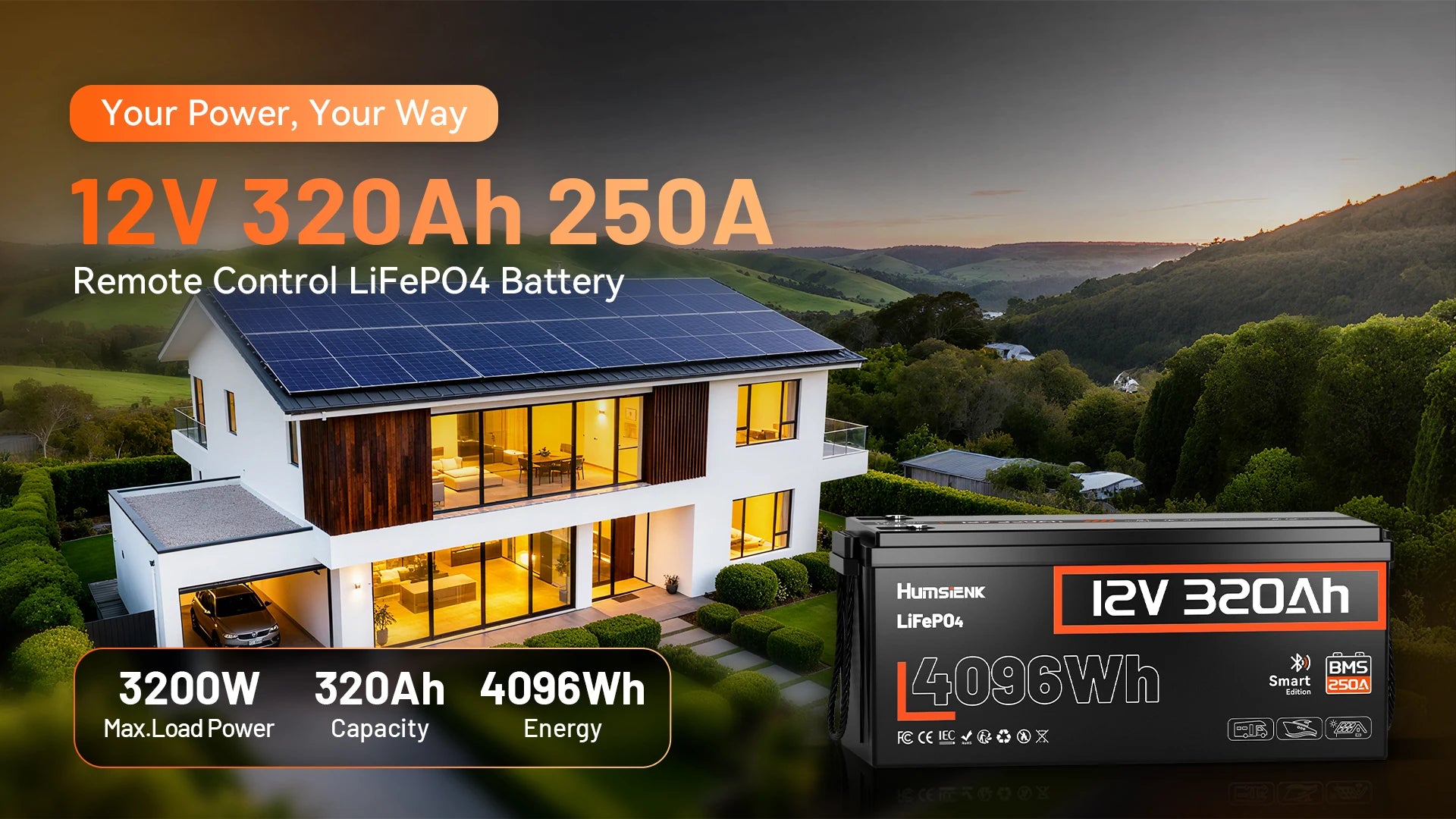 Humsienk 12V 320Ah Rechargeable Lithium Battery, Capacity 4096Wh, Built-in Bluetooth & 250A BMS, 15000+ Deep Cycle & 12V LiFePO4 Battery For RV, Van, Golf Cart, Boat, Camper, Marine, Trolling Motor, Off-Grid, Solar Energy Sto