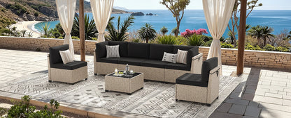 7-Piece Patio Furniture Set, Outdoor Rattan Sectional Sofa with Tempered Glass Table, All-Weather, for Garden, Porch, Backyard