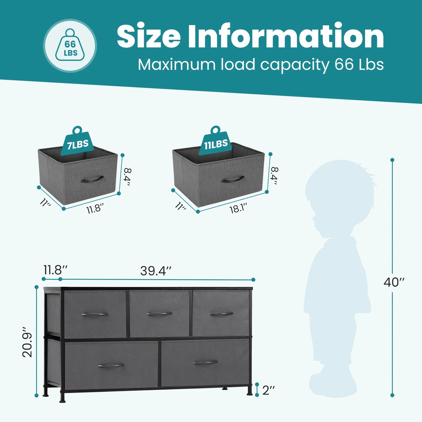 MCQ 5 Drawer Dresser for Bedroom Closet Chest Organizer Furniture TV Stand for Living Room Hallway Wide Fabric Storage Tower with Wooden Top and Metal Frame