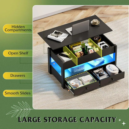 WLIVE Black Lift Top Coffee Table with 2 Drawers LED Light - Large Storage Open Shelf for Living Room Modern Home Furniture
