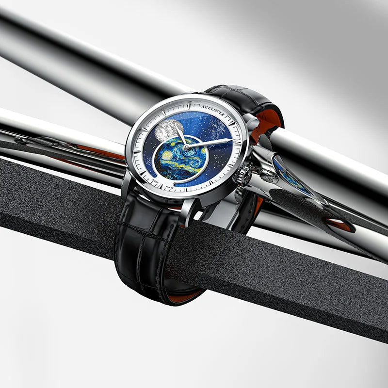 AGELOCER Original Astronomer Watch Van Gogh Oil Painting Men Luxury Automatic Mechanical Moon Phase Watch Birthday Gift for Men