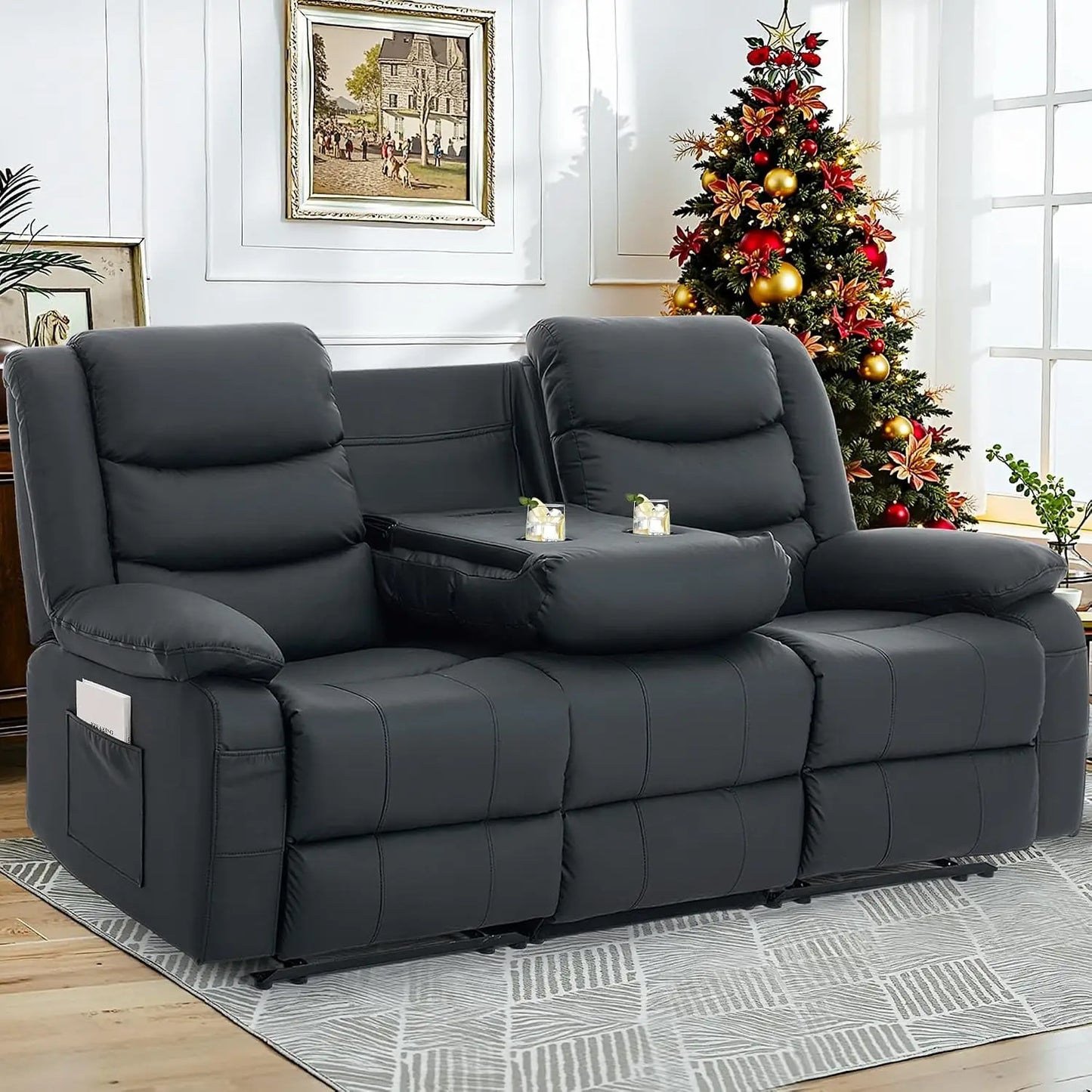 3 Seater Recliner Sofa,Built In Console & Drop Down Table,Cup Holders,Living Room Furniture, Custom