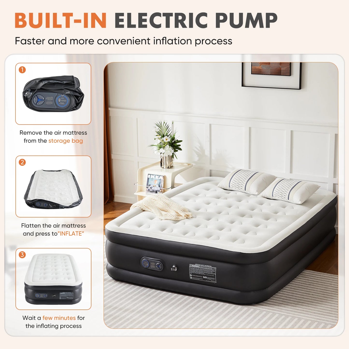 MCQ 16IN Air Mattress with Built in Pump Double Height Air Bed Weight Capacity 660 lbs Non-Slip Bottom Home Bedroom Furniture
