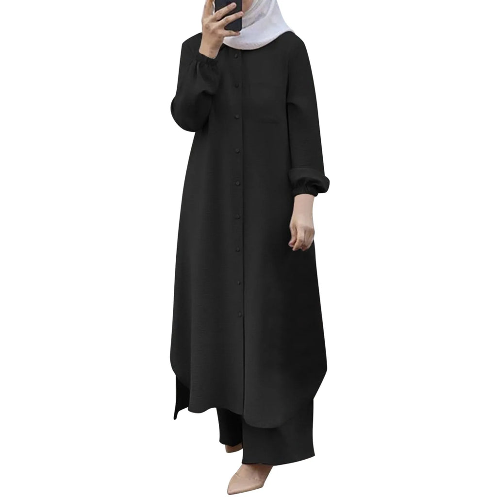 Muslim Sets Turkey Dubai Abaya Women Long Sleeve Buttons Up Shirt Set Causal Pants Suits Abayas For Women IsIamic Outifits
