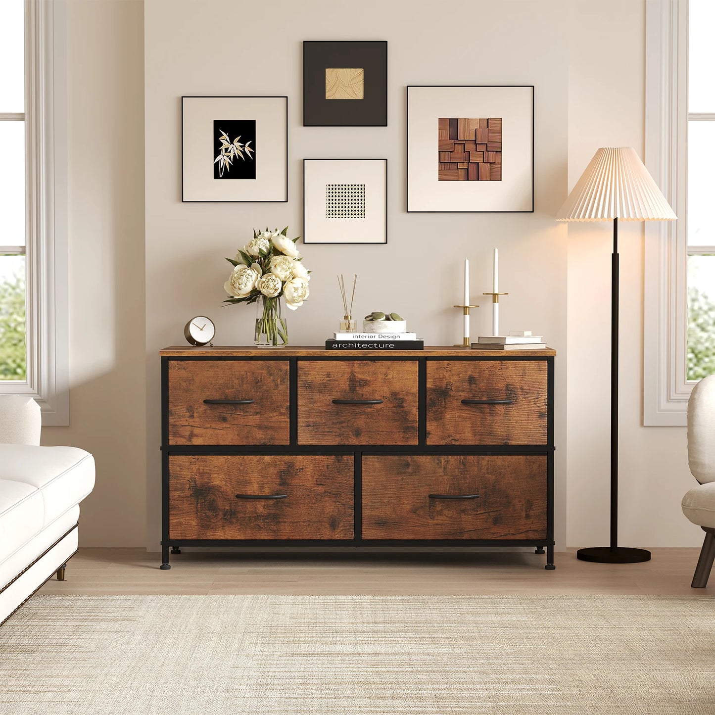 MCQ 5 Drawer Dresser for Bedroom Closet Chest Organizer Furniture TV Stand for Living Room Hallway Wide Fabric Storage Tower with Wooden Top and Metal Frame