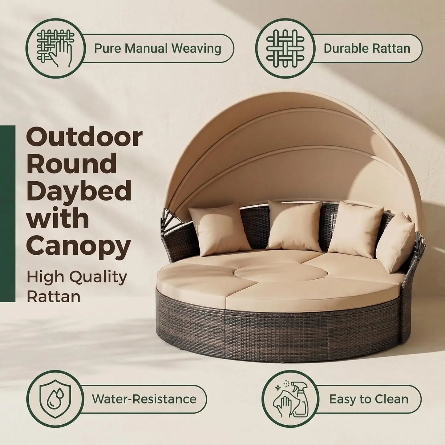 Outdoor Patio Daybed with Retractable Canopy, Wicker Rattan Sectional Round Sofa Furniture Set, 5 Pieces Seating Separates Cushi