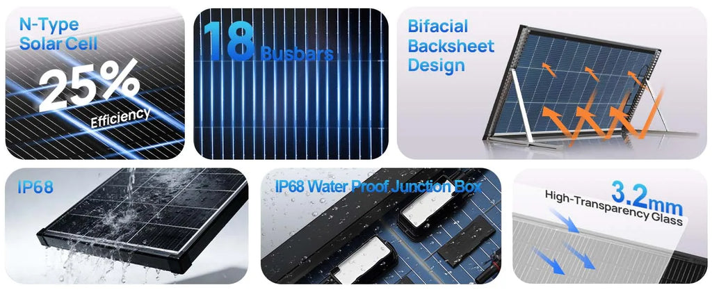200 Watt N‑Type Bifacial Solar Panel 18BB A+ Grade, 25% Efficiency IP68 Waterproof Solar Cell Module, 12V Off‑Grid Power Solution for RV Boat Camper Rooftops