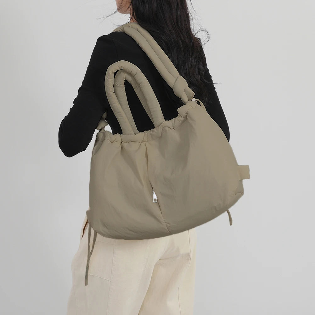 Puffer Tote Bag for Women Adjustable Strap Shoulder Bag Nylon Large Capacity Puffy Purse for Shopping Travel