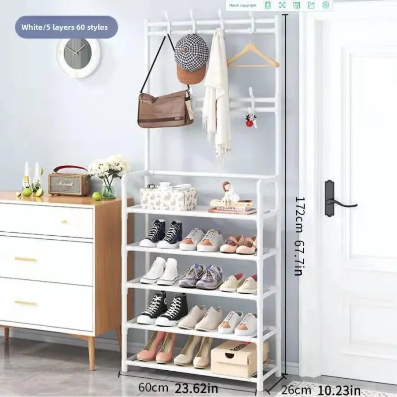 5-Tier 3-in-1 Multifunctional Metal Shoe & Hat Rack, Floor-Standing Garment Organizer for Entryway, Bedroom, Living Room, Sturdy Vertical Storage Shelf