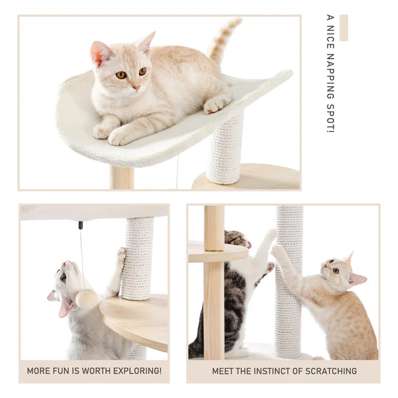 Modern Cat Tree Tower Furniture Wooden with Scratching Post Multi-level Jumping Platform with Condo and Comfortable Perch Beige