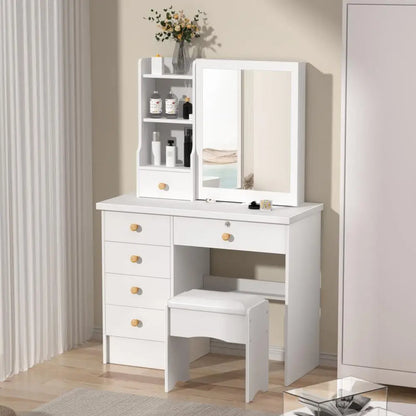 Makeup Vanities Vanity Desk with Sliding Mirror, Bedroom Dressing Table, Makeup Desk with 6 Drawers Bedroom Furniture