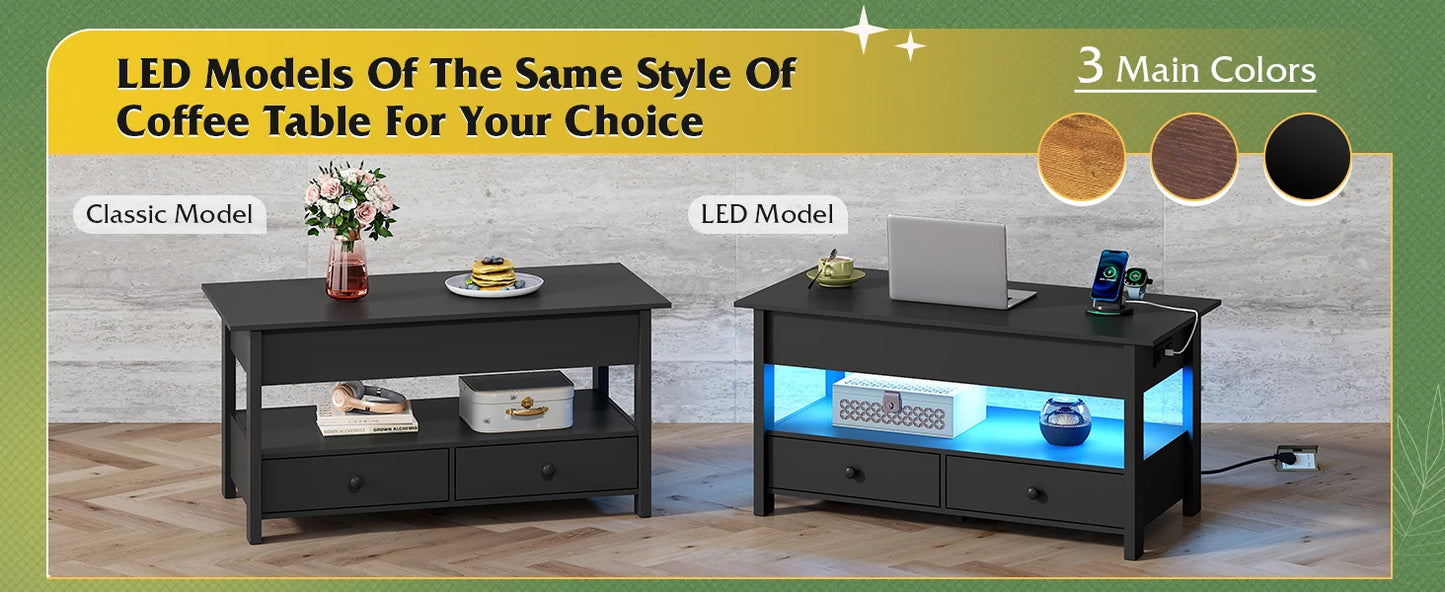 WLIVE Black Lift Top Coffee Table with 2 Drawers LED Light - Large Storage Open Shelf for Living Room Modern Home Furniture