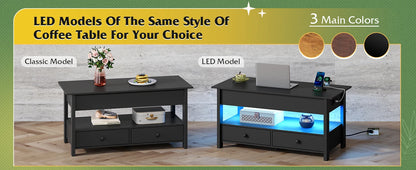 WLIVE Black Lift Top Coffee Table with 2 Drawers LED Light - Large Storage Open Shelf for Living Room Modern Home Furniture