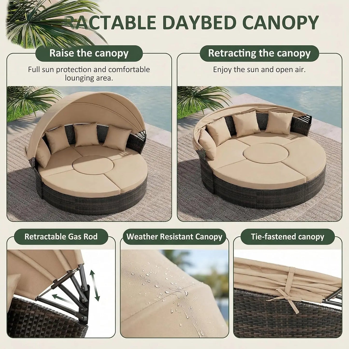 Outdoor Patio Daybed with Retractable Canopy, Wicker Rattan Sectional Round Sofa Furniture Set, 5 Pieces Seating Separates Cushi