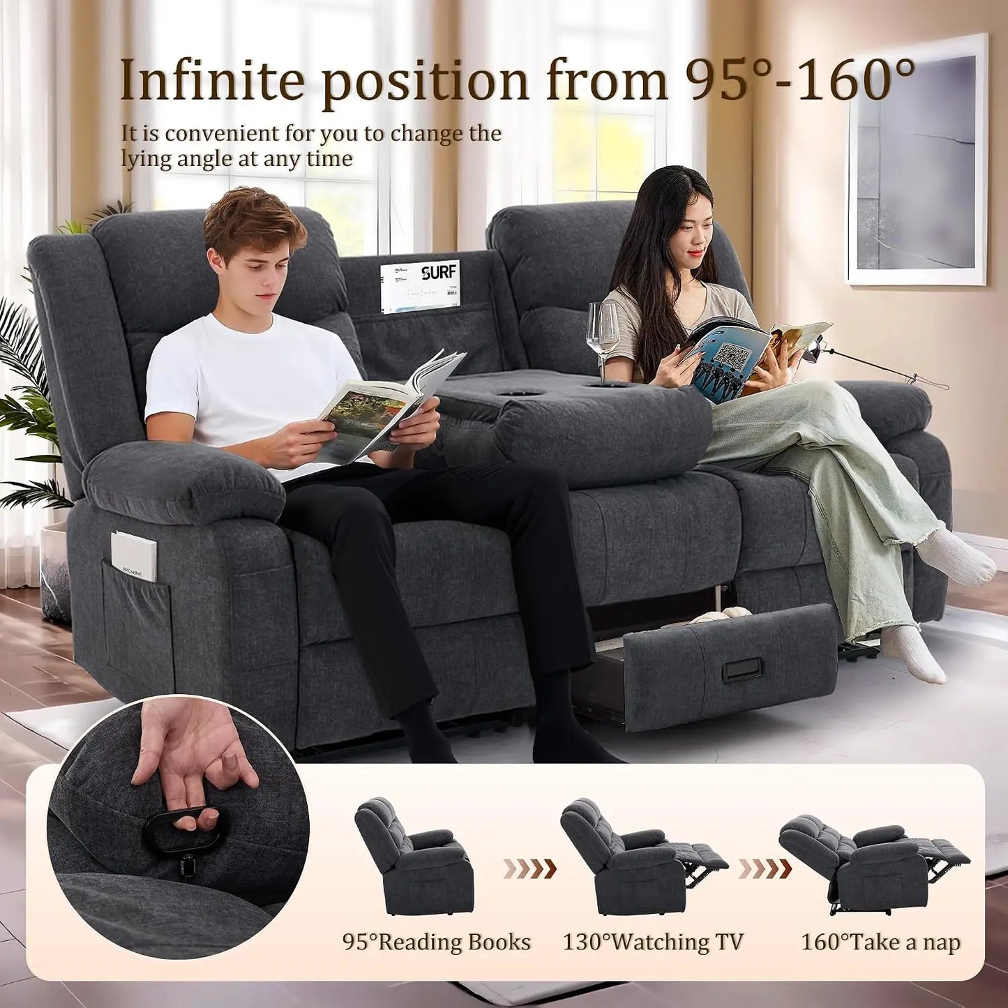 3 Seater Recliner Sofa,Built In Console & Drop Down Table,Cup Holders,Living Room Furniture, Custom