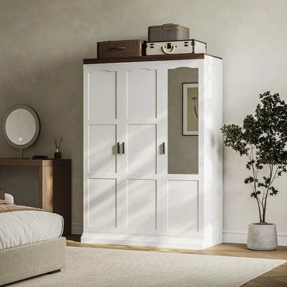Large 3 Door Armoire Wardrobe Closet with Mirror White Bedroom Furniture Storage Solution for Organizing Clothes