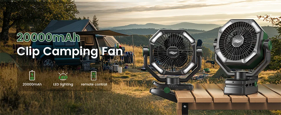 SKYTOO Camping Fan with Dual Motor 20000mAh RechargeableClip Fan with Digital Display with LED Lantern for Camping Outdoor Fan